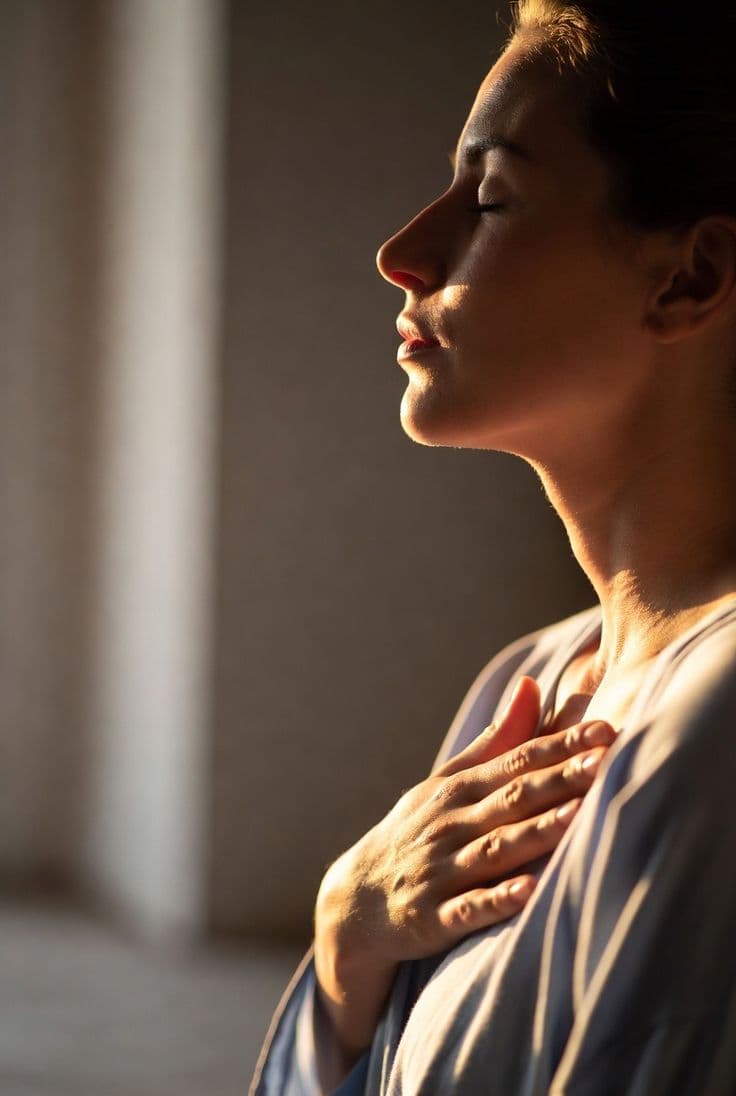 Mulher em prática de respiração consciente com mão sobre o peito e luz natural morna ao fundo